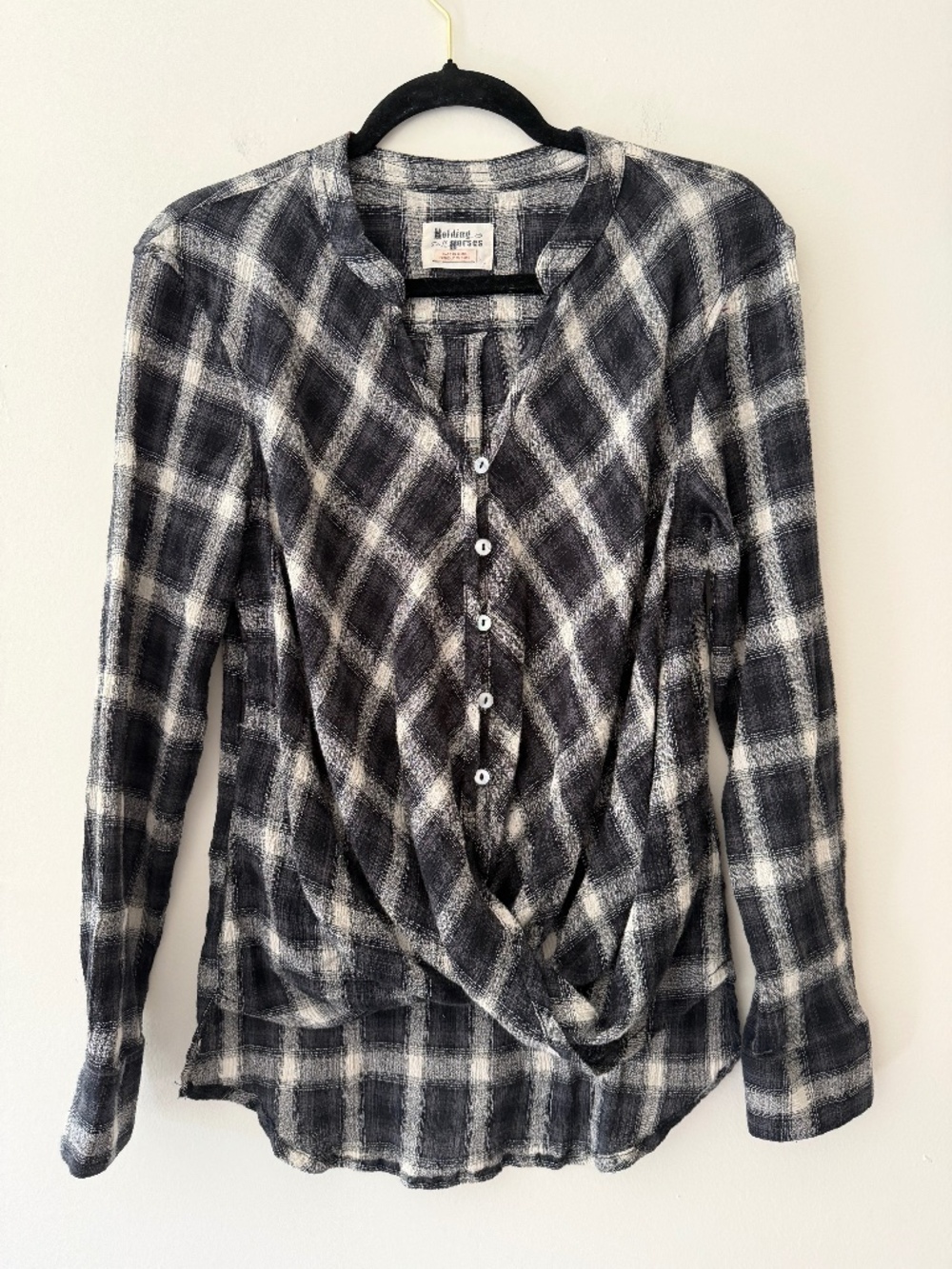 Holding Horses Black Gauzy Plaid Twist Front Button Long Sleeve Anthropologie